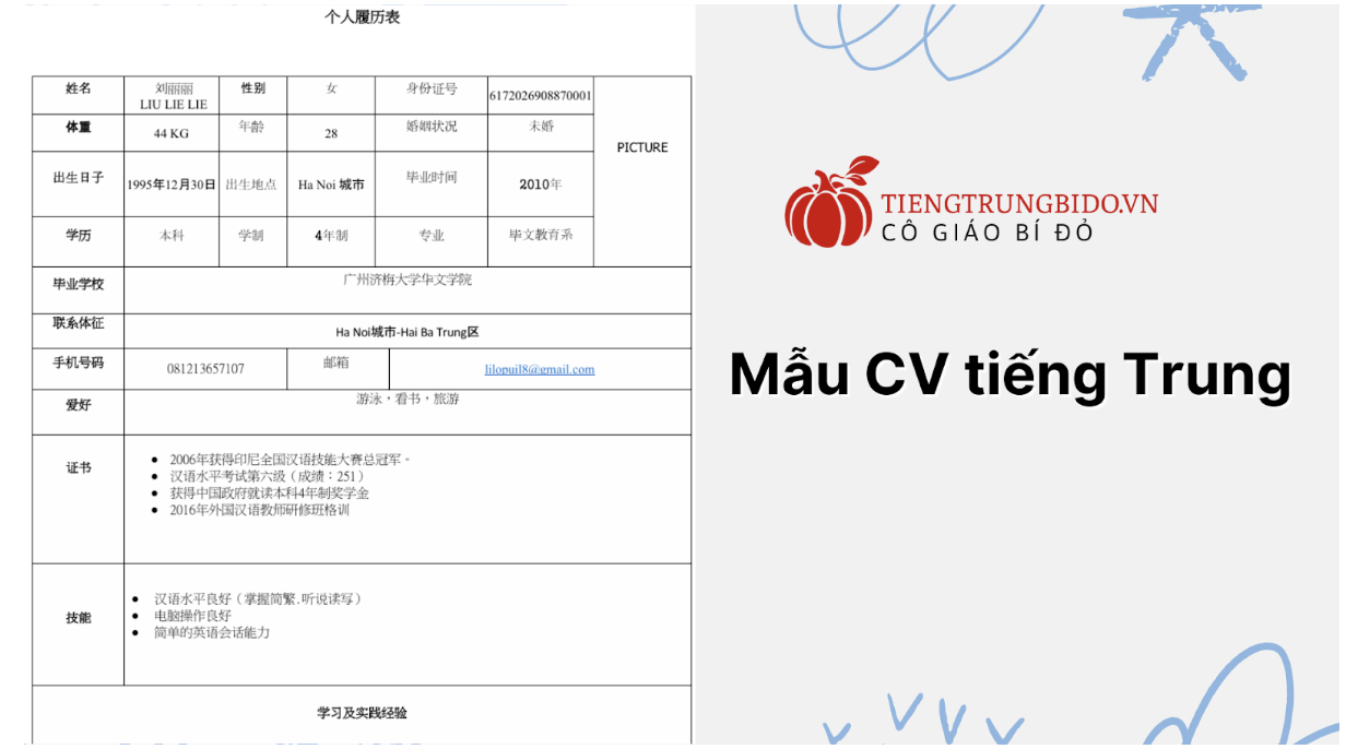 mẫu cv xin việc tiếng trung mới nhất 